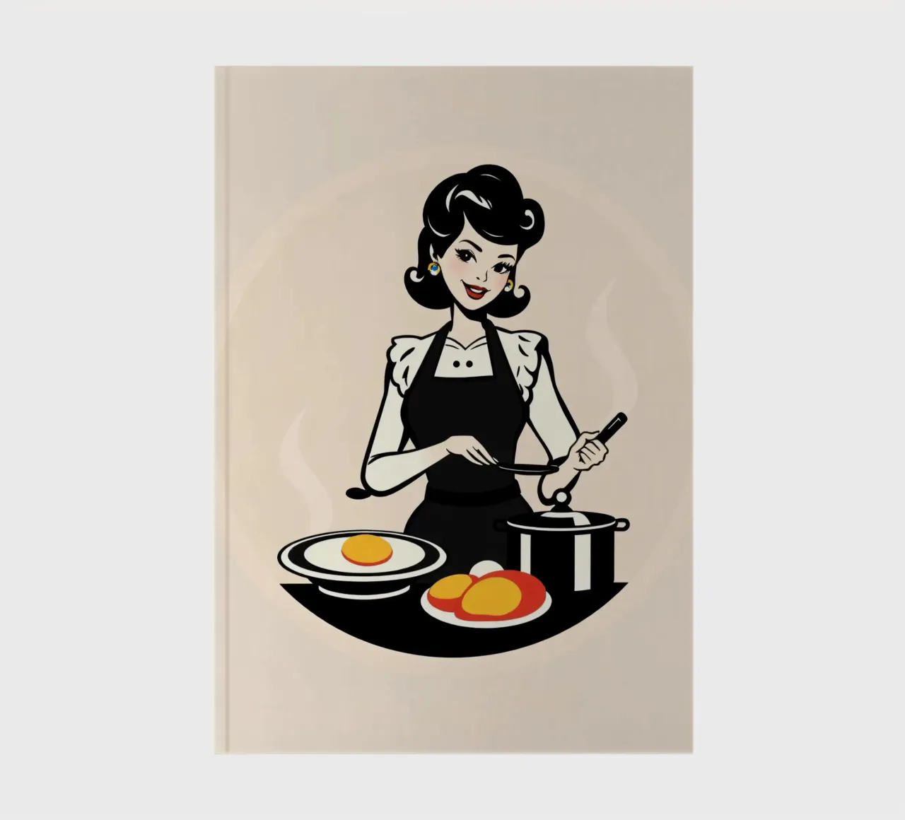 Un'ambientazione vintage in cucina dove una donna con il grembiule cucina diario da DesignDoodle