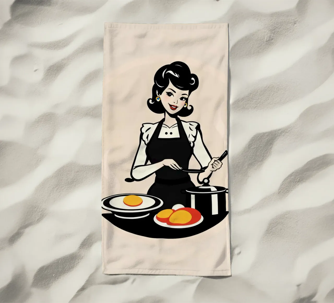 Un'ambientazione vintage in cucina dove una donna con il grembiule cucina telo mare da DesignDoodle