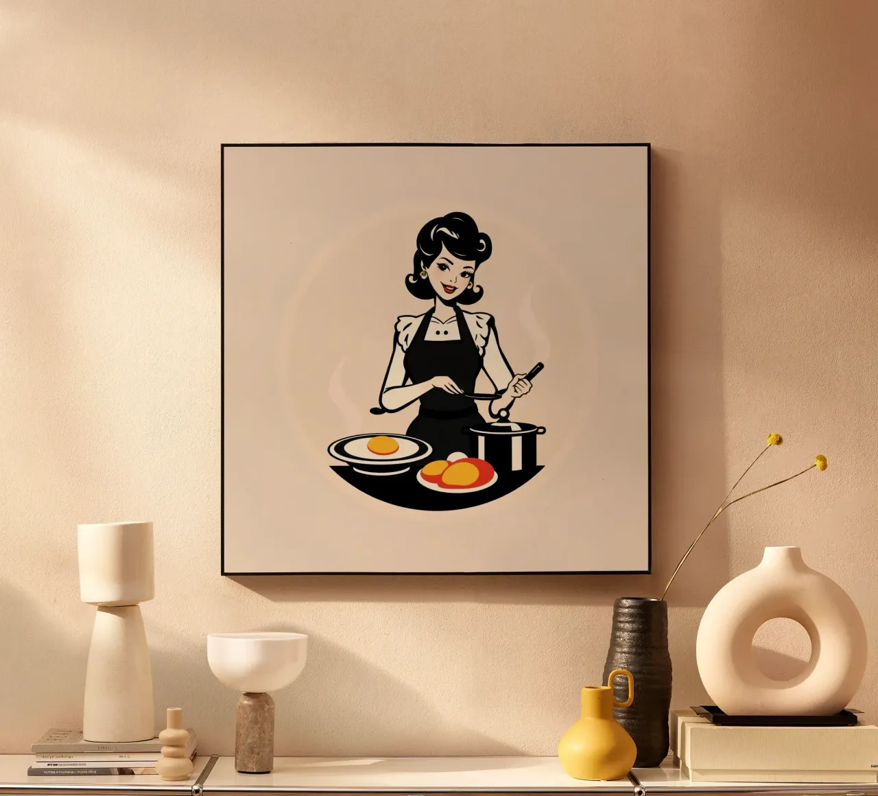 Un'ambientazione vintage in cucina dove una donna con il grembiule cucina alluminio dibond da DesignDoodle