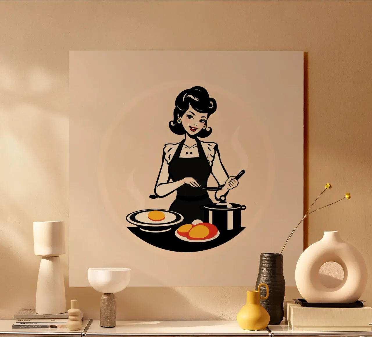 Un'ambientazione vintage in cucina dove una donna con il grembiule cucina alluminio dibond da DesignDoodle