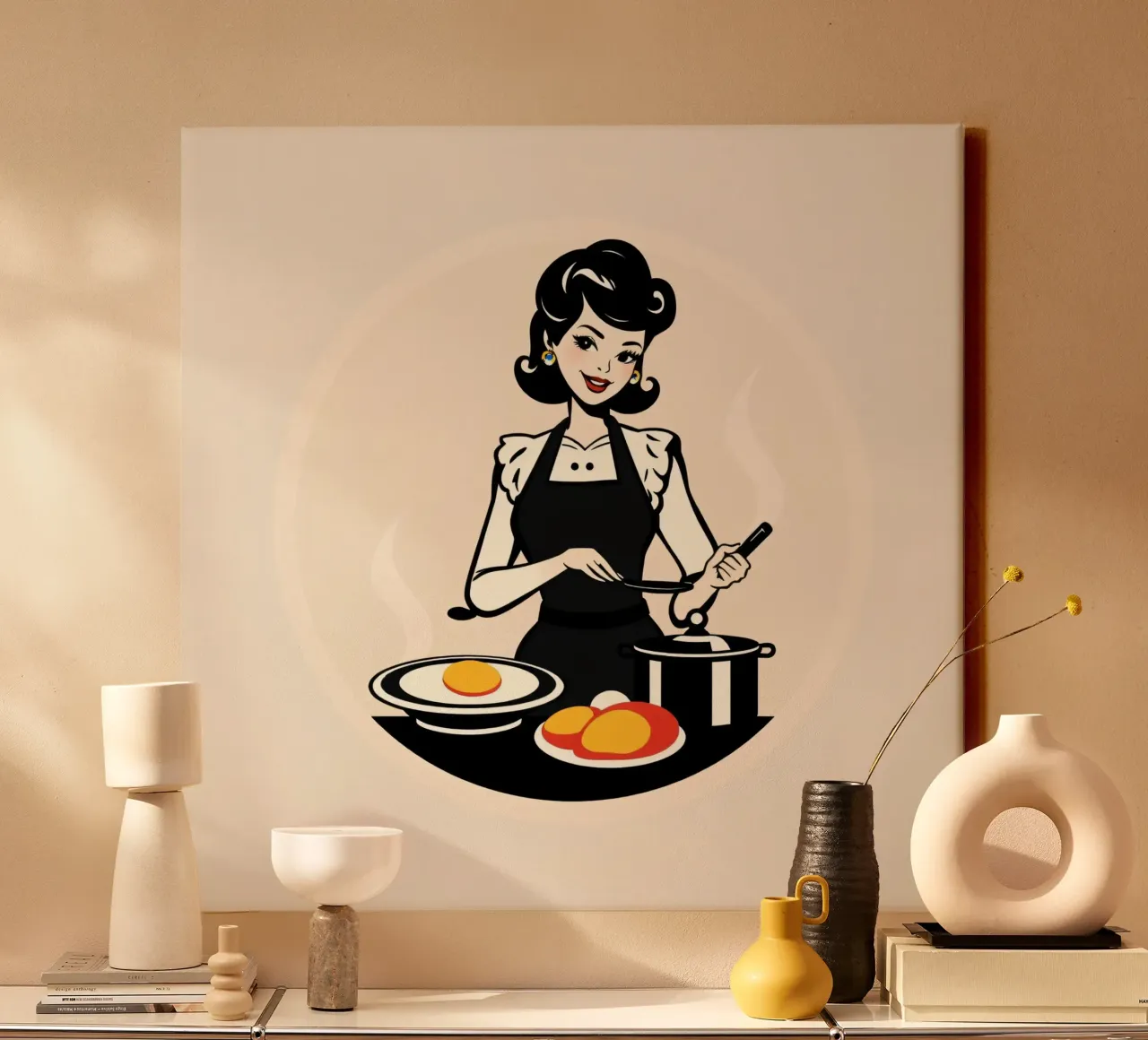 A vintage kitchen setting where a woman in an apron cooks canvas with Floater frame by DesignDoodle