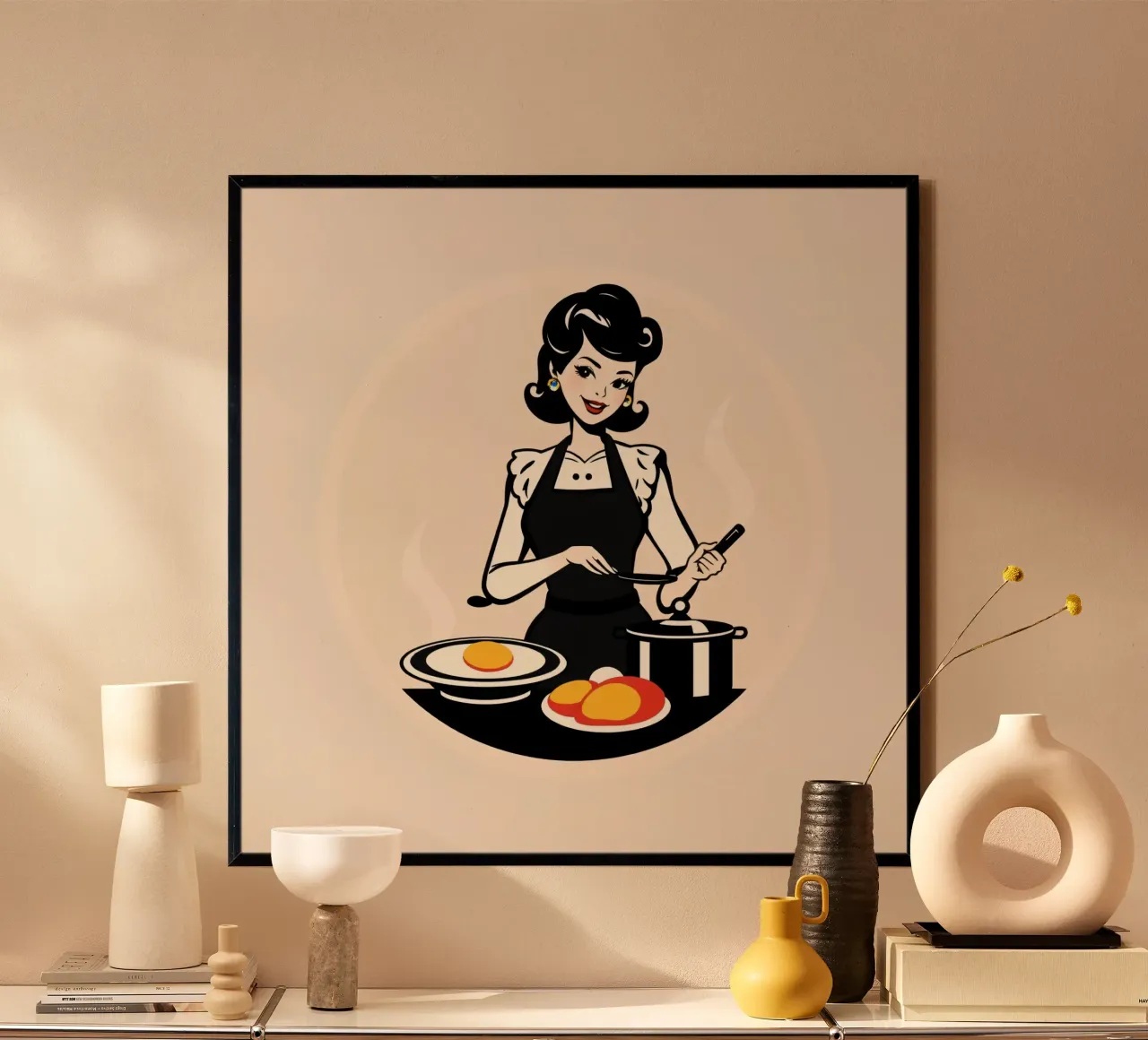 Un'ambientazione vintage in cucina dove una donna con il grembiule cucina carta hahnemühle da DesignDoodle