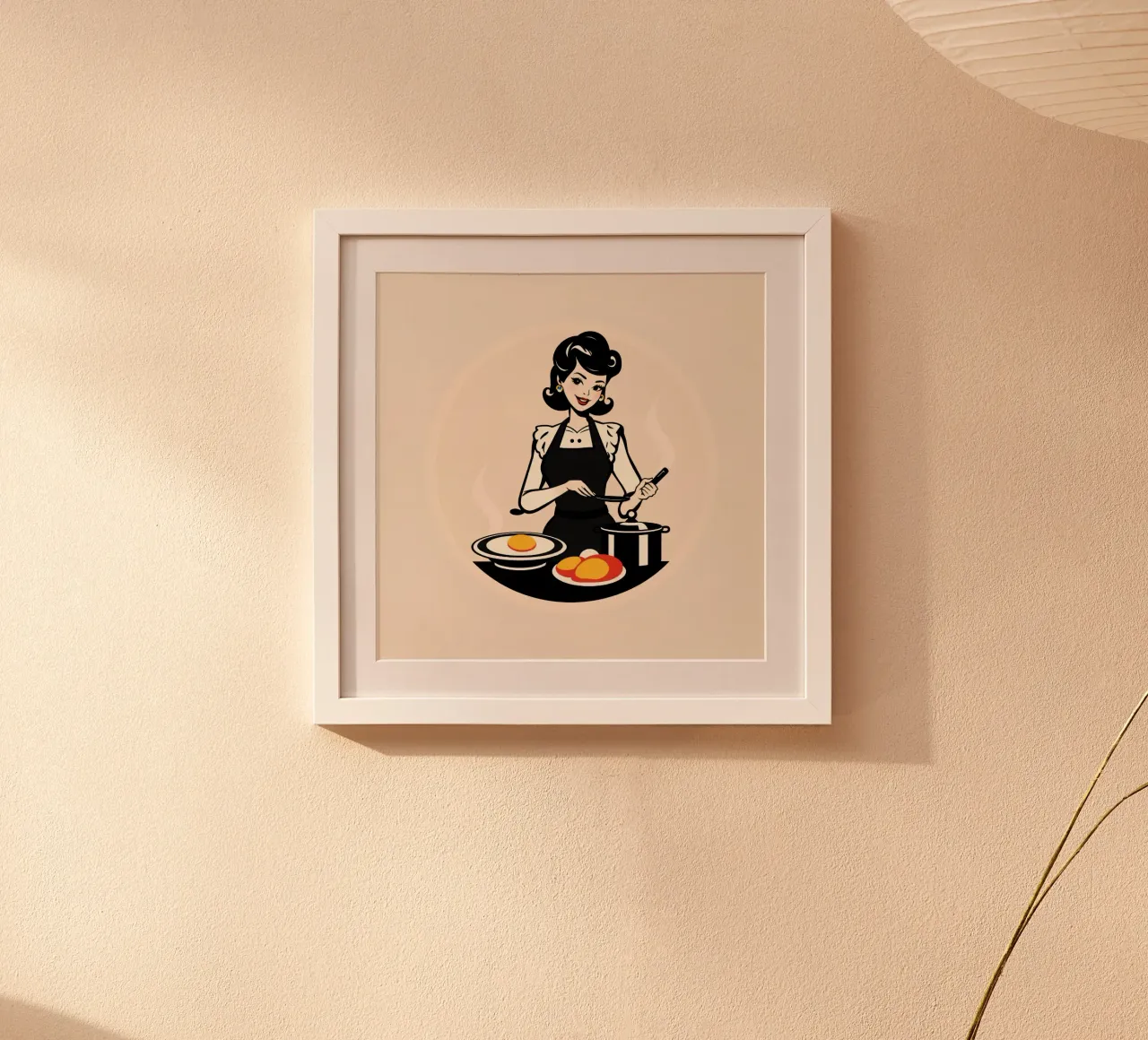 Un'ambientazione vintage in cucina dove una donna con il grembiule cucina carta hahnemühle da DesignDoodle