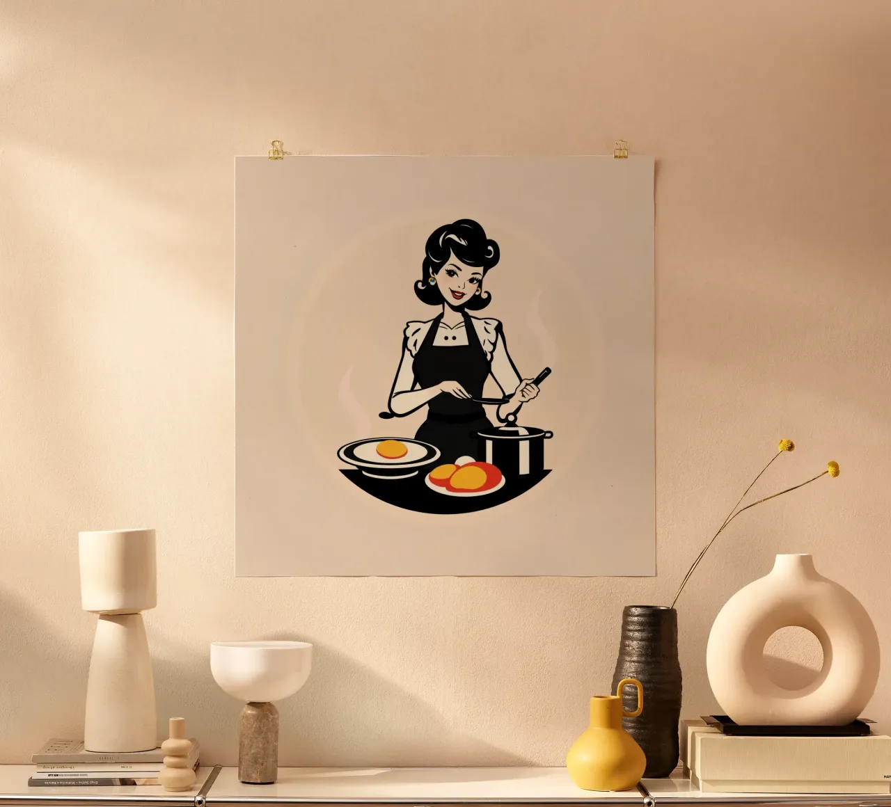 Un'ambientazione vintage in cucina dove una donna con il grembiule cucina carta hahnemühle da DesignDoodle