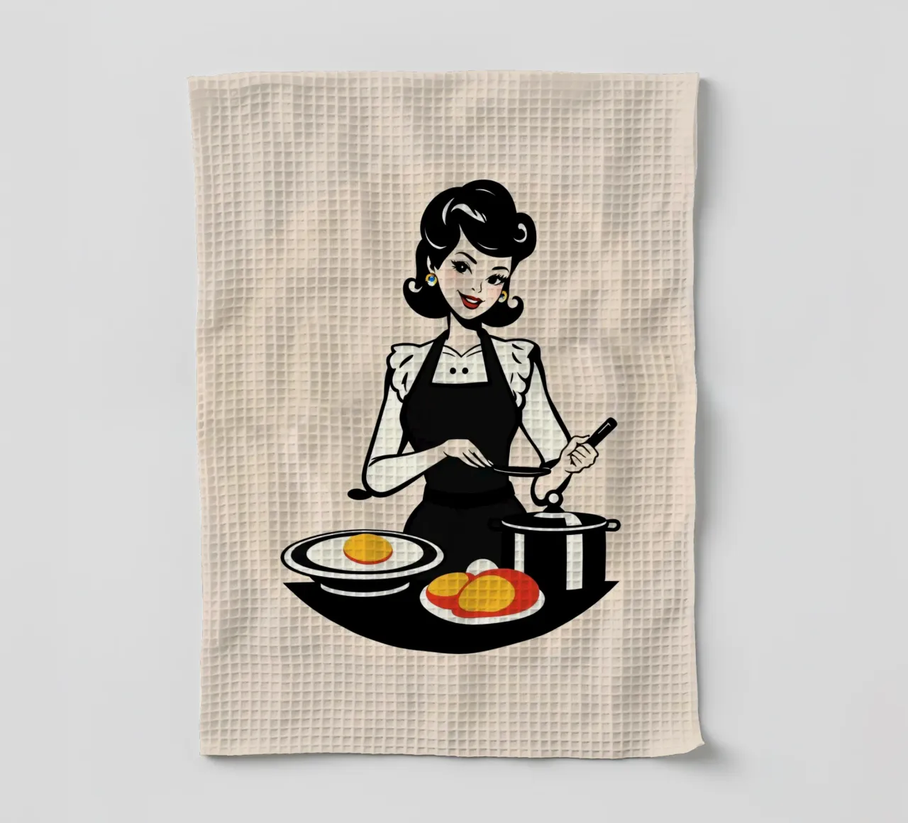 Un'ambientazione vintage in cucina dove una donna con il grembiule cucina canovaccio da cucina da DesignDoodle